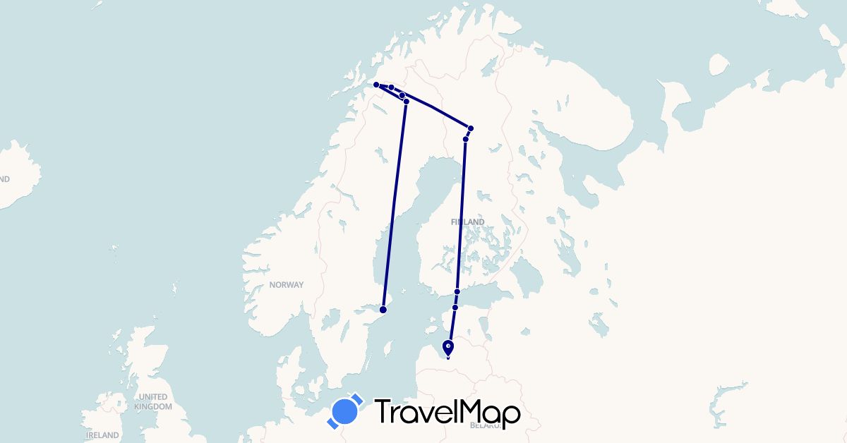 TravelMap itinerary: driving, bus in Estonia, Finland, Latvia, Sweden (Europe)